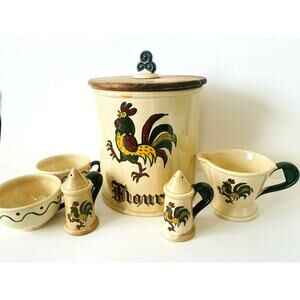 Metlox Poppytrail Rooster Flour Canister Creamer Salt Tea Coffee Cups Set of 6